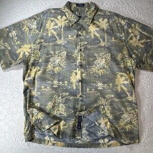 Cutter & Buck Shirt Mens Large Yellow Blue Hawaiian Short Sleeve Button Up Rayon